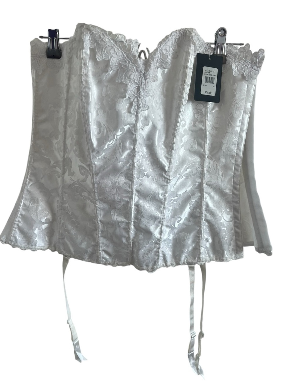 Fredrick’s of Hollywood White Lace Satin Bustier Corset Top with Garters